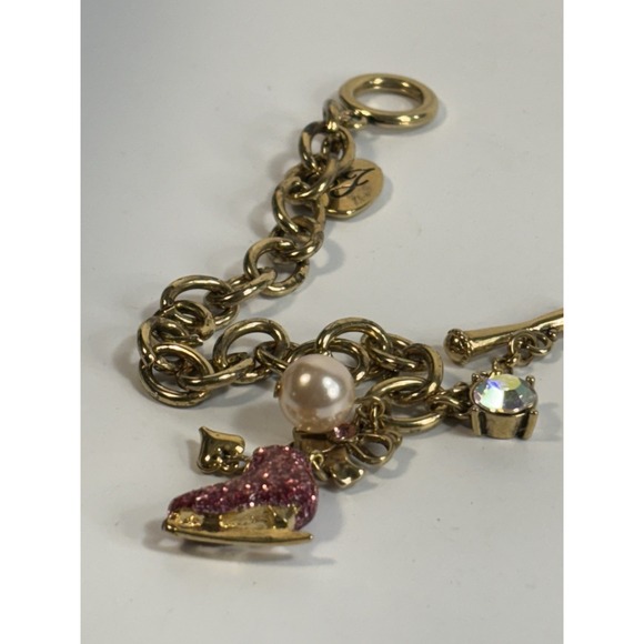 Charm Bracelet Pink Sparkly Pearl Rhinestone Signed Betsey Johnson Ice Skating - Picture 7 of 8